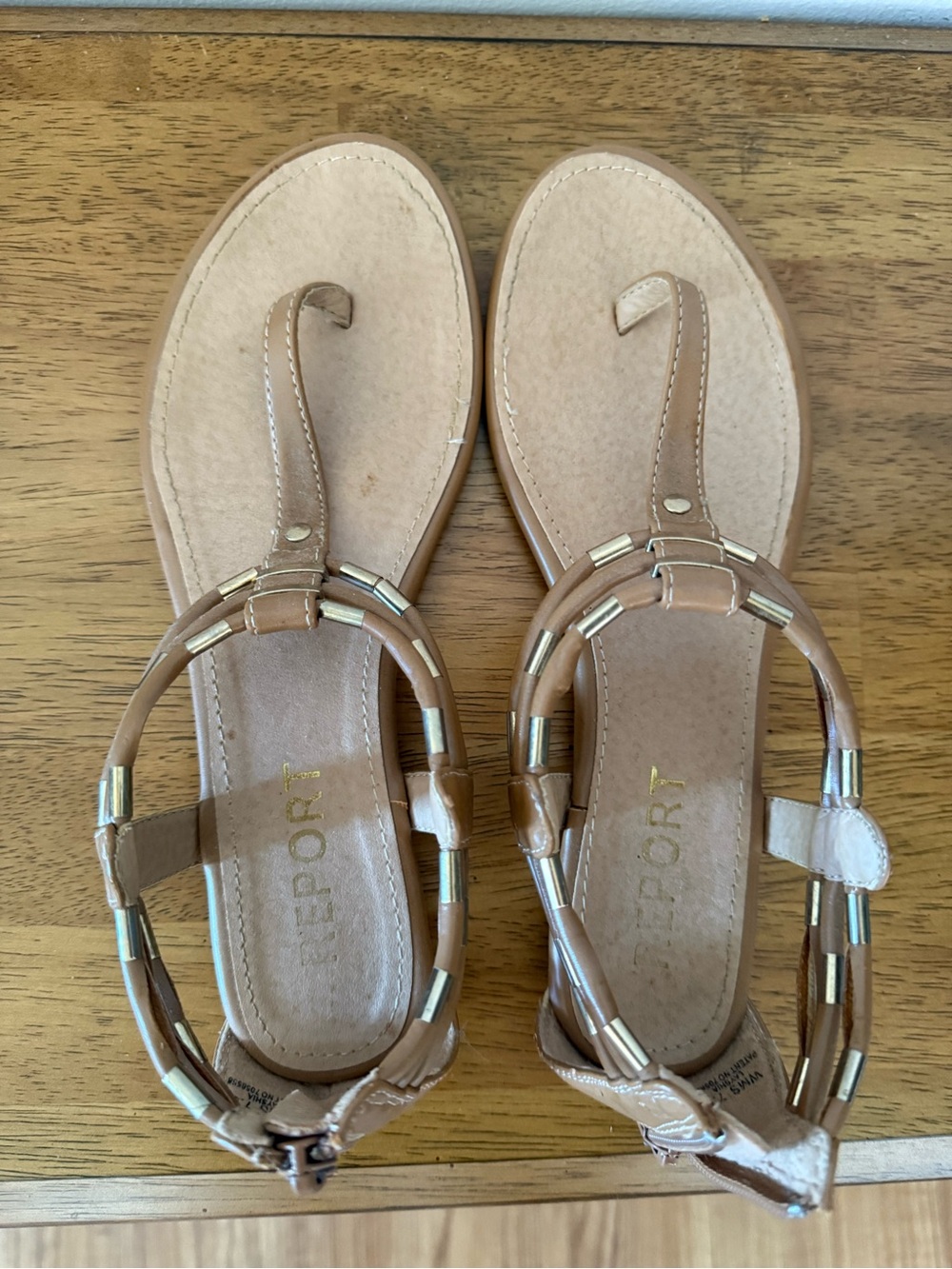 Report Tan Leather Toe-Loop Sandals with Gold Accents